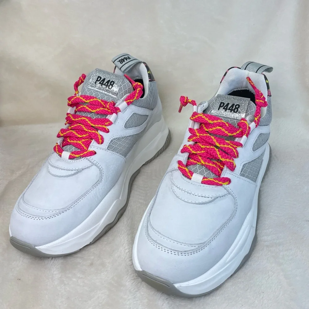 P448 Luke White and Pink Leopard Chunky Trainer Sneakers 39 EU, ( E 538)‎